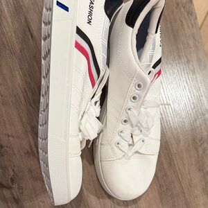 White Sneakers with Red and Blue Accents